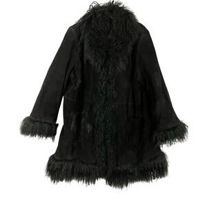 VTG Via Accenti Black Suede Coat 100% Wool Fur Trim Y2K Hippie Boho B6